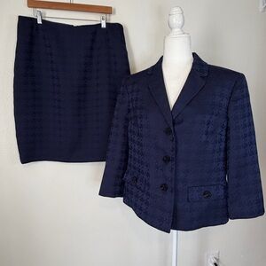 Le Suit Skirt Suit Size 14 Navy Houndstooth Lined Skirt Blazer Career